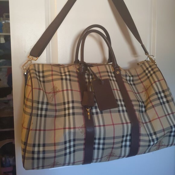 BURBERRY vintage BROWN HAYMARKET CHECK COATED CANVAS DUFFLE BAG incl key and tag - Picture 1 of 8